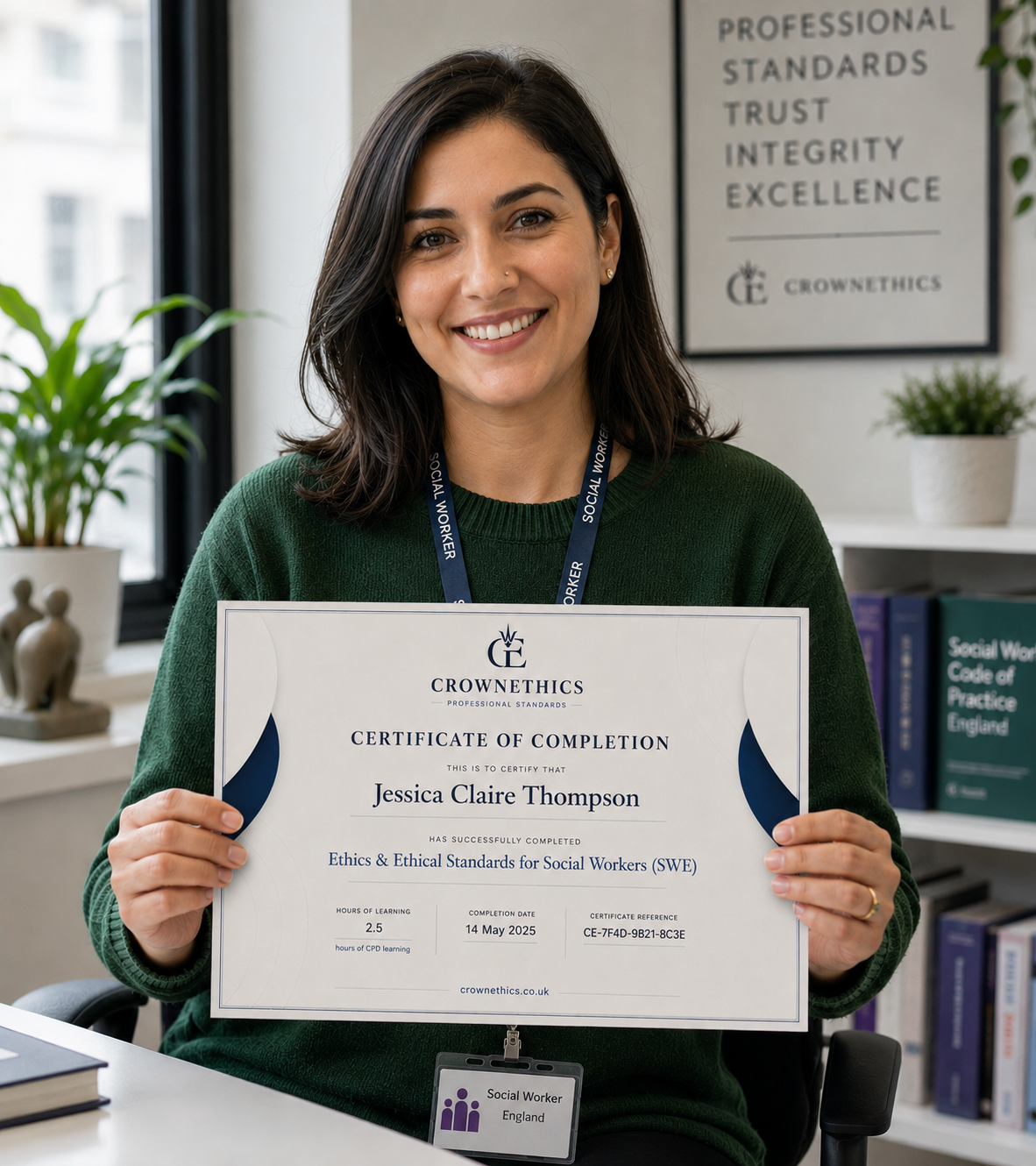 A healthcare professional holding a CrownEthics certificate of completion