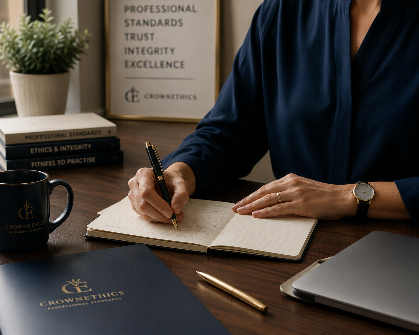 A calm, focused professional writing a considered response