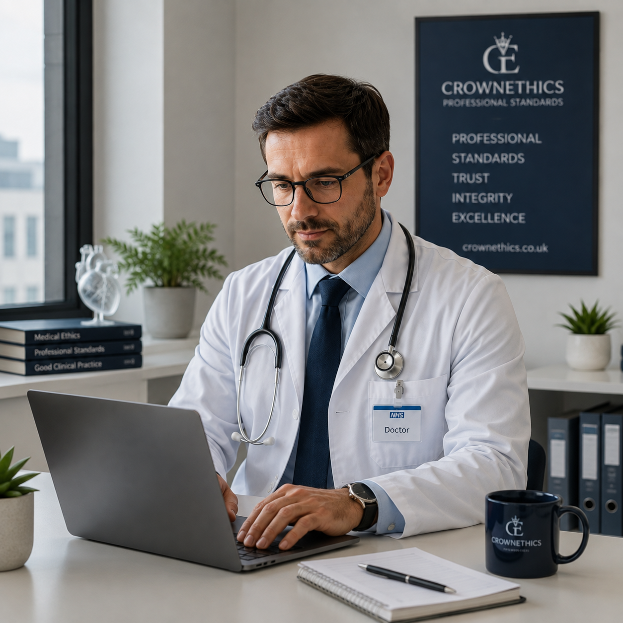A doctor reviewing CPD training on a laptop