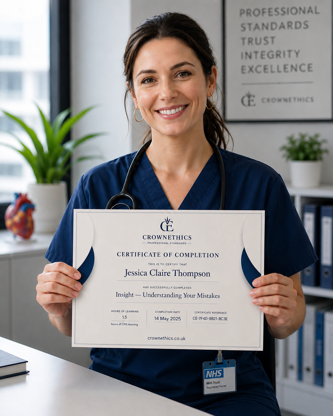 Nurse holding a CrownEthics certificate of completion