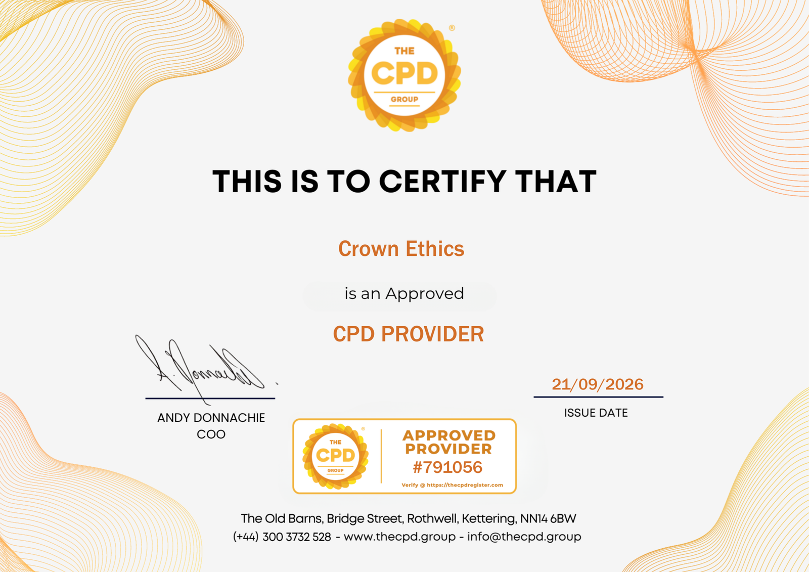 CrownEthics CPD Group Approved Provider certificate, number 791056